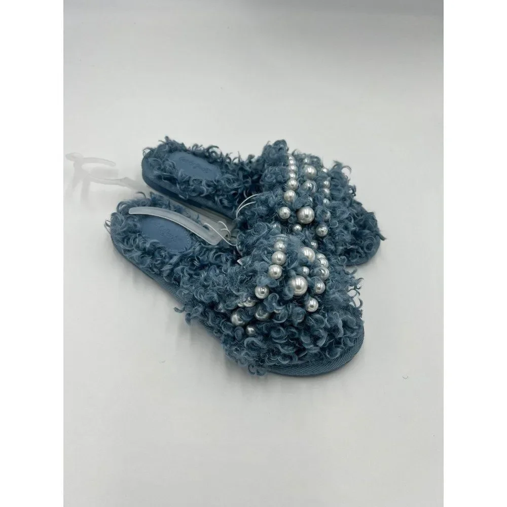 Cat Jack Girls Fuzzy Slippers Pearls Blue Size 3 Slides‎ Faux Fur NWT